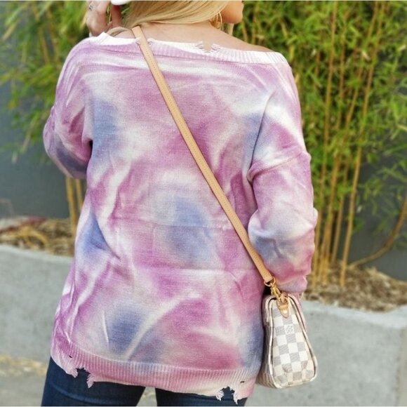 Casual Tie Dye Sweater Top - Pink Purple - Picture 5 of 6